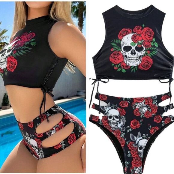 New DOLLS KILL Black Skull & Roses Strapy Cinch High Waist Bikini Set Swimsuit - Picture 1 of 14